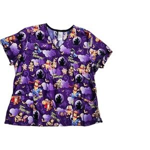 Disney 3-Pocket Tie Back 100%‎ Cotton Pooh Bear Halloween-themed Scrub Top 2X
